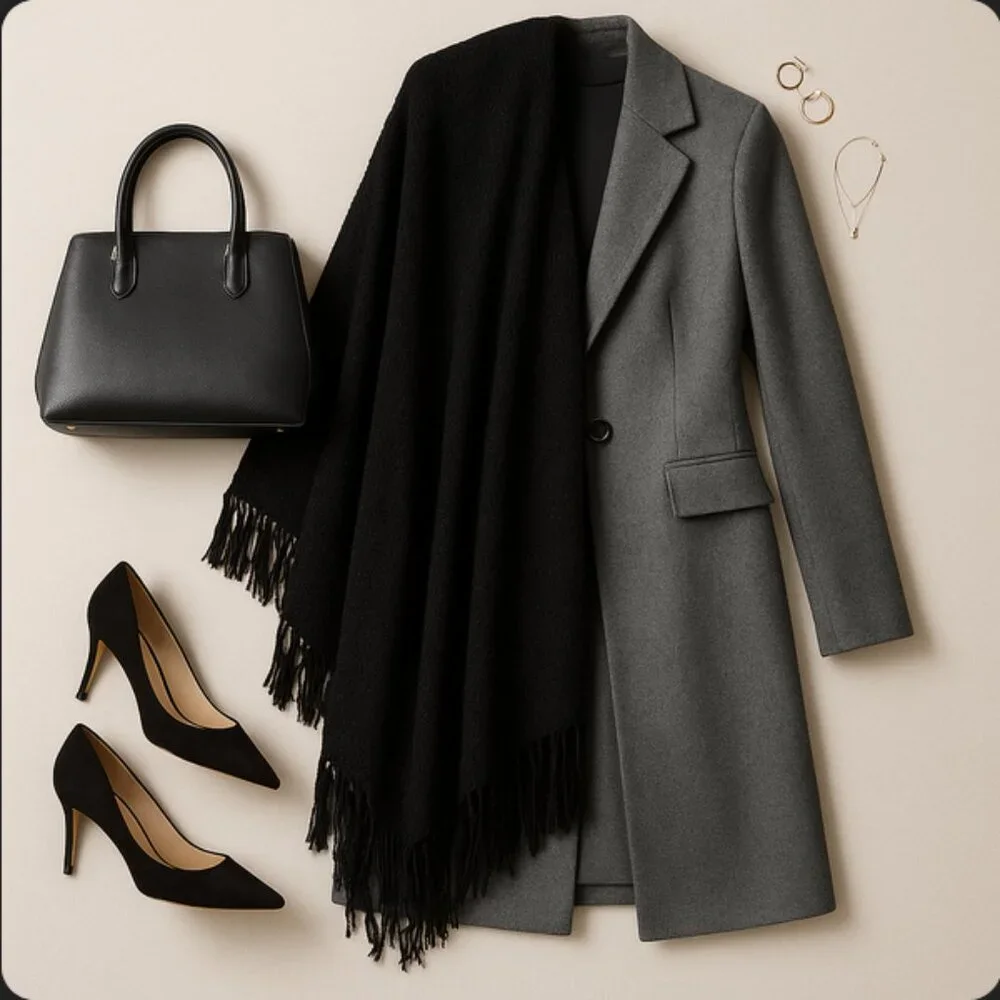 Timeless Warmth: Vintage Black Fringe Wrap by Amiee Lynn Inc. (RN#95304) – 41